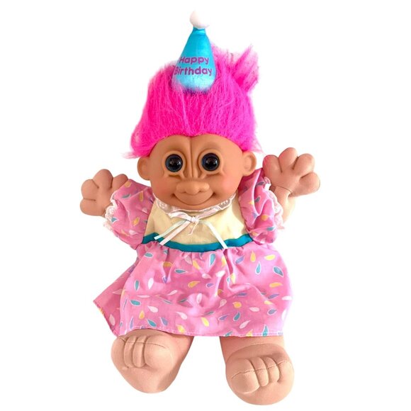 Vintage Russ Berrie Troll Doll Pink Hair Birthday Outfit Plush Body Plastic Face - Picture 1 of 10